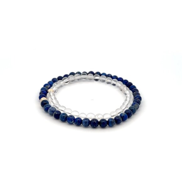 Lapis Lazuli & Clear Quartz Gemstone Stretch Bracelet with 14K Gold Accent Bead - Picture 3 of 5